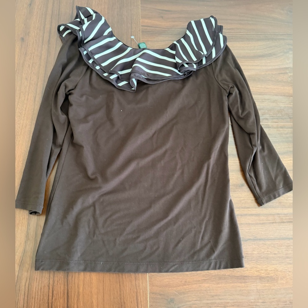 New Lauren Ralph Lauren Top Woman’s S Brown Striped Ruffle 3/4 Sleeve Rayon Bld - Picture 6 of 7